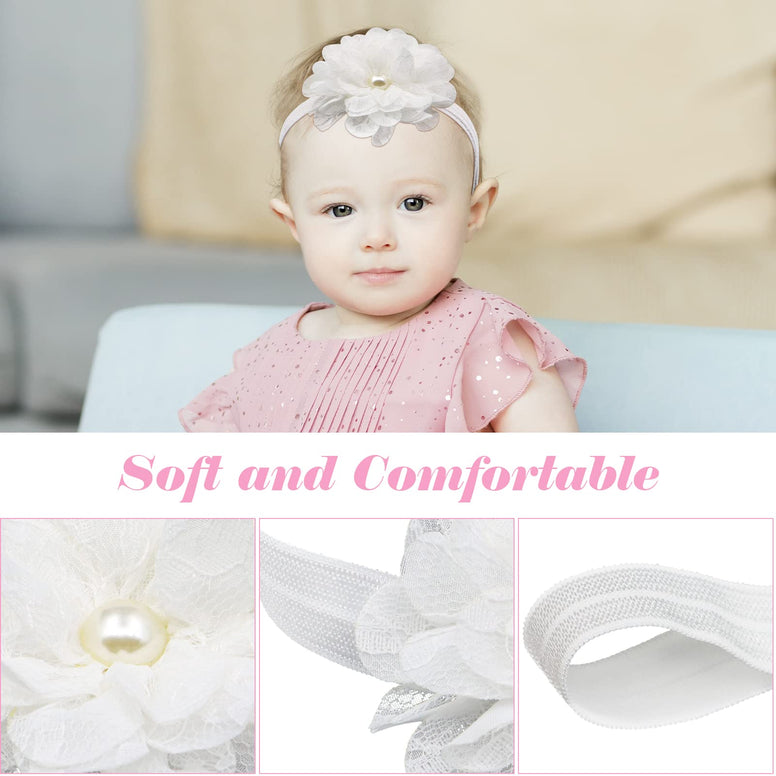 4 Pcs Baby Headbands, Baby Flower Headband, White Baby Girl Headbands, Lace Pearl Ribbon Toddler Headbands, Soft Flower Hair Accessories, Elastic Baby Bows, Headbands for Babies (White)