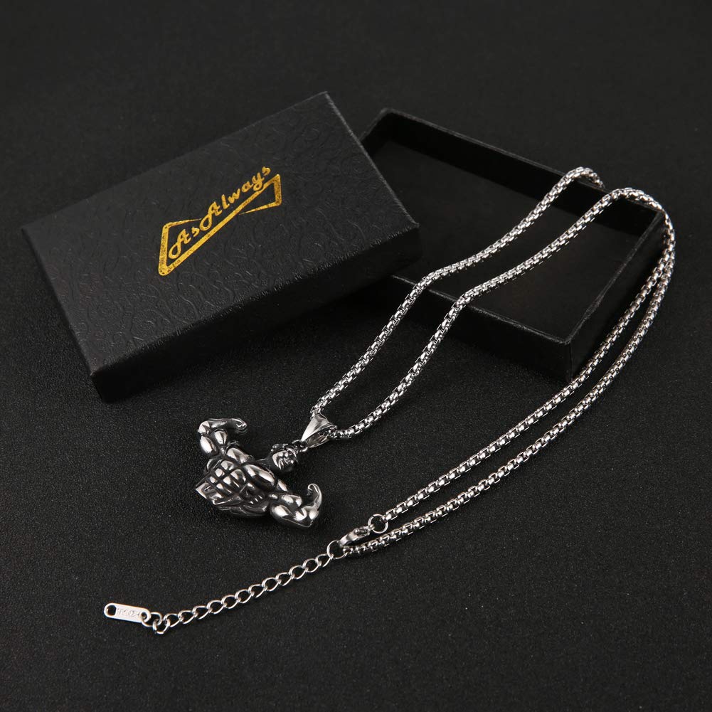 AsAlways Stainless Steel Sports Bodybuilding Muscle Men Wrestling Barbell Dumbbell Pendant Necklace Stainless Steel Gym Fitness Accessories