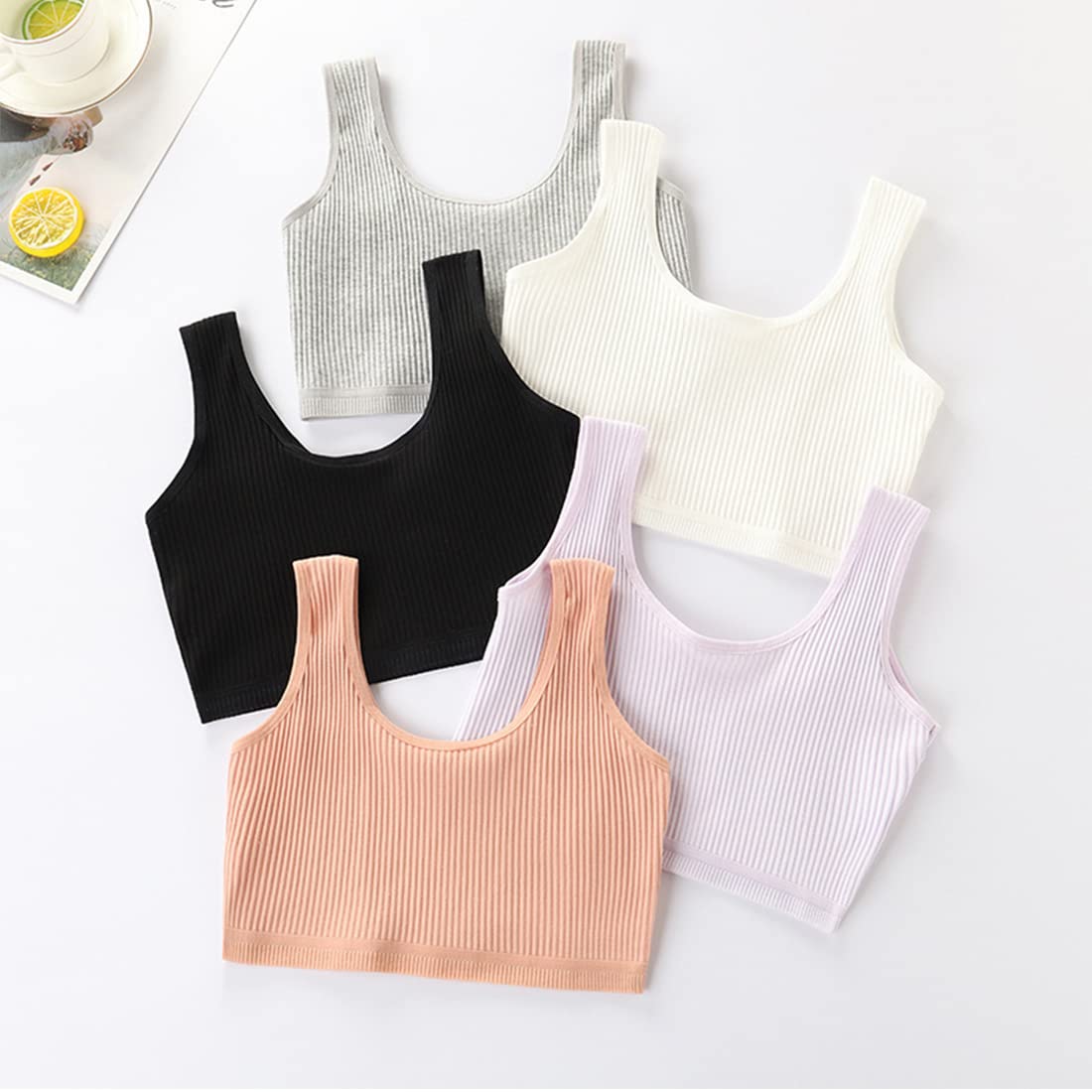 Training Bras for Girls, Seamless Bralette, Kids Underwear, Elastic Sports Striped Vest, Developing Children's Bra Breathable Cotton Cropped Double-Deck Bra for Students Suitable Weight 25-35kg 6PCS Size (Small)