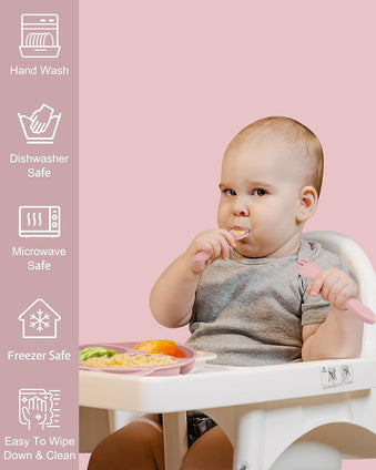 U-HOOME Silicone Baby Feeding Set, Baby Weaning Feeding Supplies with Suction Bowl,Toddler Self Feeding Dish Set with Spoons Forks Sippy Cup Adjustable Bib, Eating Utensils for 6+ Months (Pink)