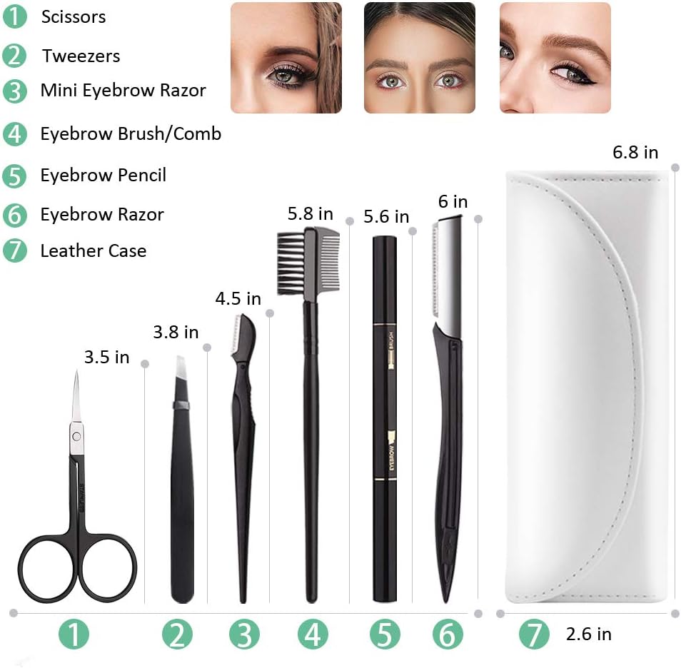 (C-White) - Eyebrow Kit, BOYI 6 in 1 Tweezers for Eyebrows, All-in-one Eyebrow Grooming Set Dermaplaning Tool Eyebrow Razor Brush Scissors Brown Eyebrow Pencil with Leather Pouch (C-White)