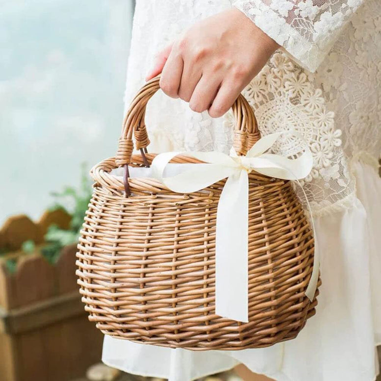 NOLITOY Picnic Basket Rattan Flower Basket, Handwoven Wicker Flower Candy Storage Basket with Handle for Picnic Wedding Home Garden Decoration Rattan Storage Basket