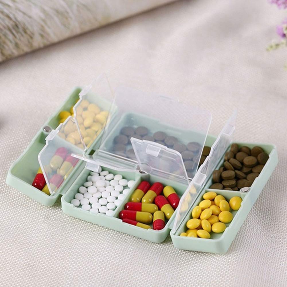 Foldable Magnetic Pill Box, Daily Pill Organizer, Portable Medicine Case, Foldable Magnetic Organizer with 7 Compartments for Dose Pills and Vitamins (Green)