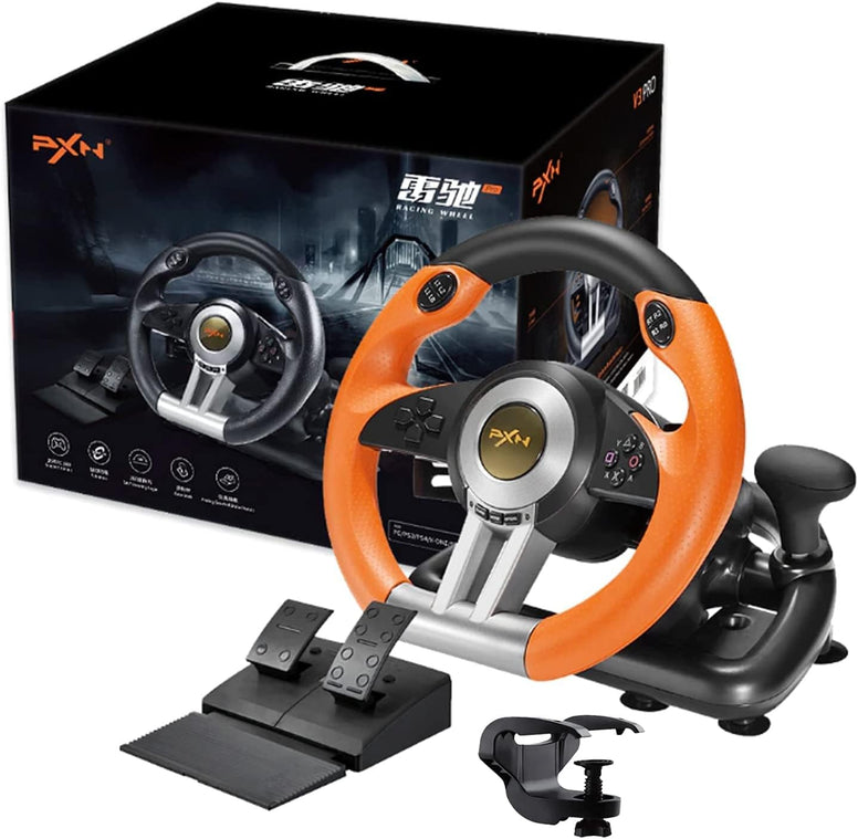 PXN V3II Simulate Racing Game Steering Wheel with Pedal, 180 Degree Steering Wheel, Compatible with Windows PC, PS3, PS4, Xbox One X|S, for Nintendo Switch-Orange