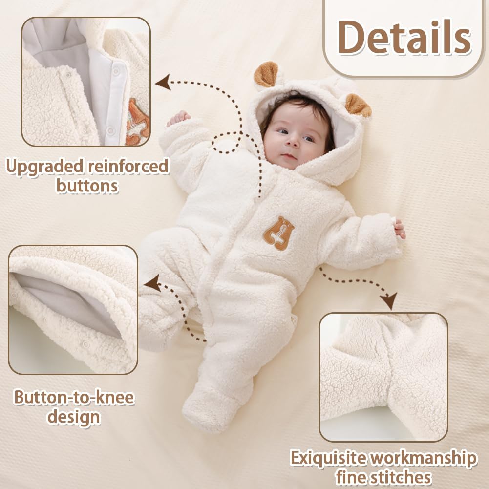 XIFAMNIY Newborn Fleece Footie Jumpsuit Hooded Warm Thicken Winter Outwear Snowsuit for Baby Girls and Boys (0-3 Months)