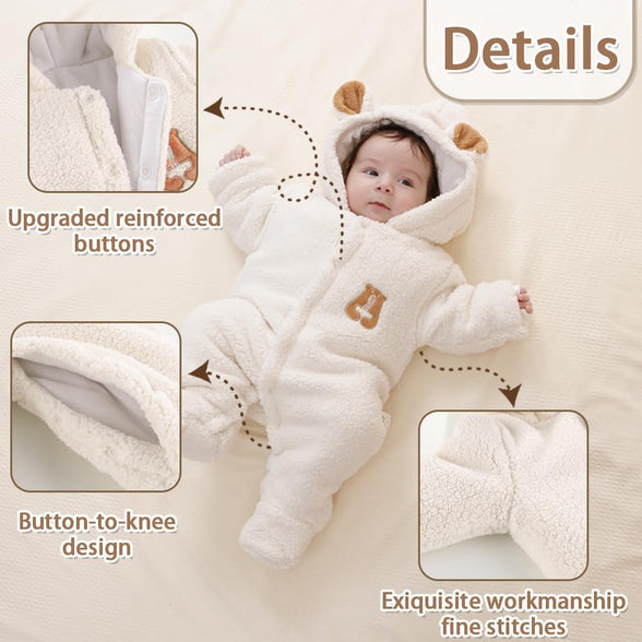 XIFAMNIY Newborn Fleece Footie Jumpsuit Hooded Warm Thicken Winter Outwear Snowsuit for Baby Girls and Boys (0-3 Months)