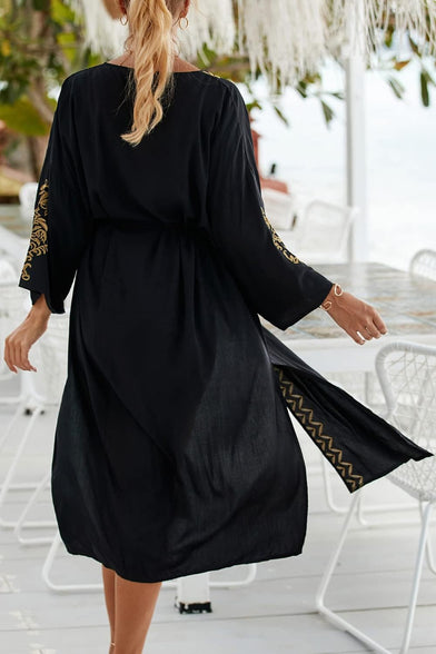 YouKD Embroidered Kaftan Dress Boho Beach Bikini Cover Up Robe Plus Size Loungewear for Women