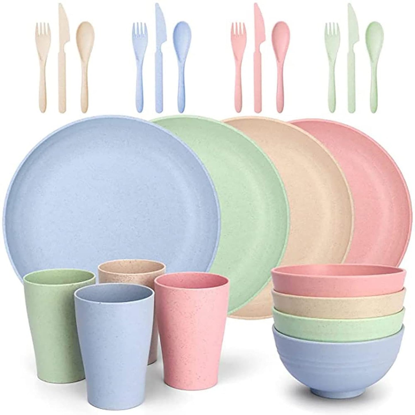 24 Pieces Bowl Set Tablewares, Wheat Straw Plates,Lightweight Degradable Dinner Plates Set,Bowls, Cups, Tablewares Set, Dishwasher Safe Dinnerware Set, Unbreakable Salad Plates (4-Colors, 24)
