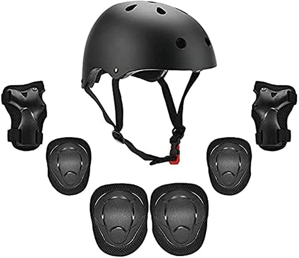 Jaffiust 7-in-1 Helmet and Guard Set, Adjustable Kids Knee Pads, Elbow Wrist Pads for Skateboarding and Cycling (Black)