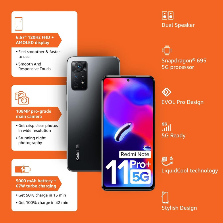 Xiaomi Redmi Note 11 Pro Plus 5G (Graphite Gray 8GB RAM, 256 GB Storage)-24-Bit/192Khz Audiotuned By Jbl | 120Hz, Fhd+ Amoled Dotdisplay | 108Mp With 2Mp Telephoto Macro Camera