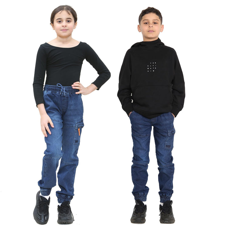 NOROZE Boys Girls Kids Casual Retro Denim Pants Tapered Leg Design Stretchable Jeans Joggers Sweatpant Style Trouser with Elasticated Drawstring Waist