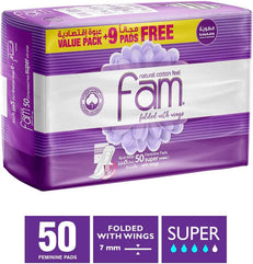 Fam Natural Cotton Feel,Maxi Thick,Folded With Wings, Super Sanitary Pads, 50 Pads