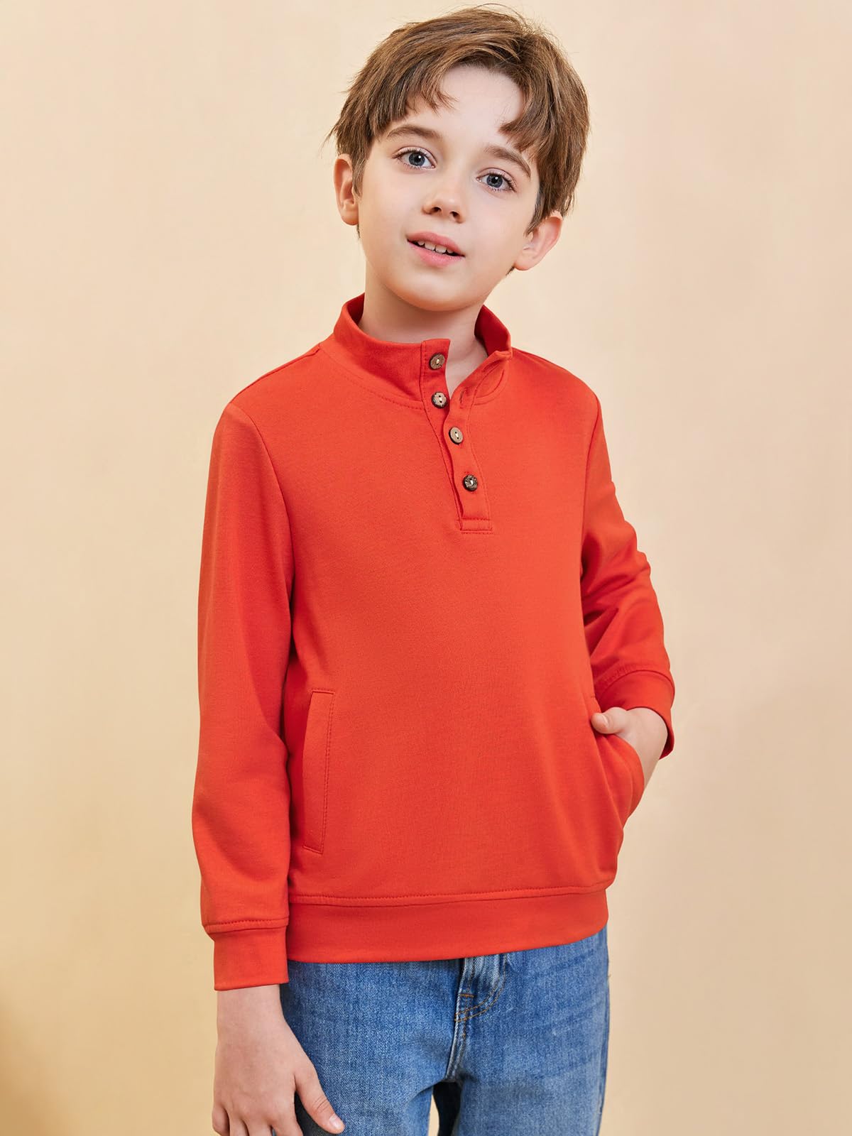 Haloumoning Boys Sweatshirt Quarter Button Kids Fashion Long Sleeve Stand Collar Pullover Tops with Pockets