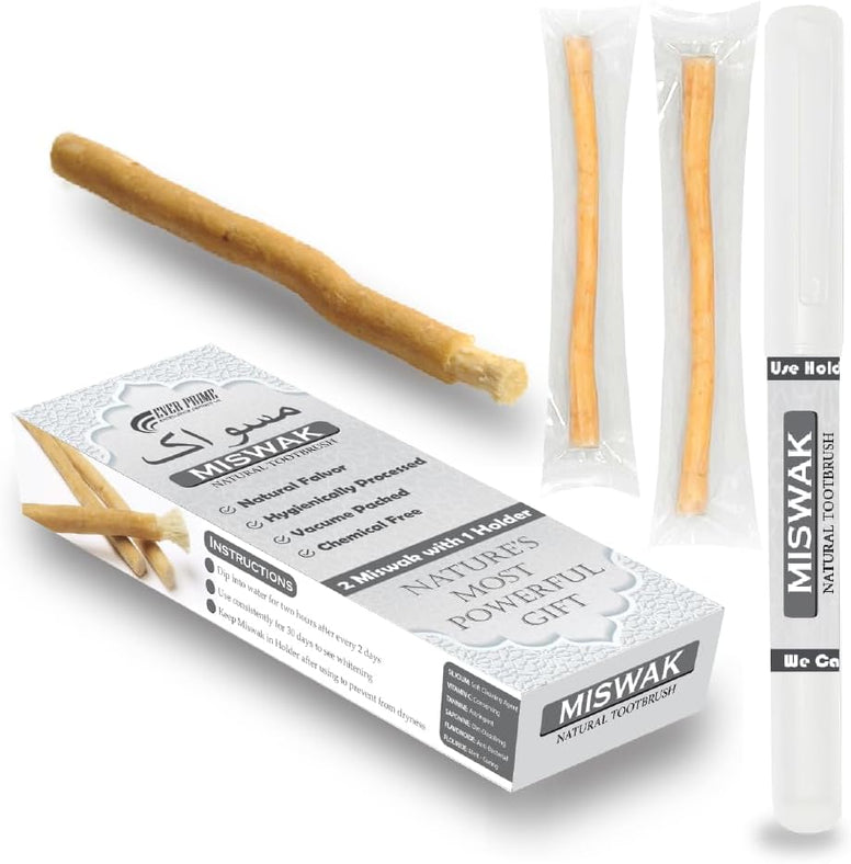 EVERPRIME Natural Miswak Stick| Chewable Toothbrush | Organic Teeth Cleaning & Whitening | Sewak Tooth Brush | 02 Miswak with one Holder | Vacuum Sealed for Freshness | Oral Care & Healthy Gums مسواك