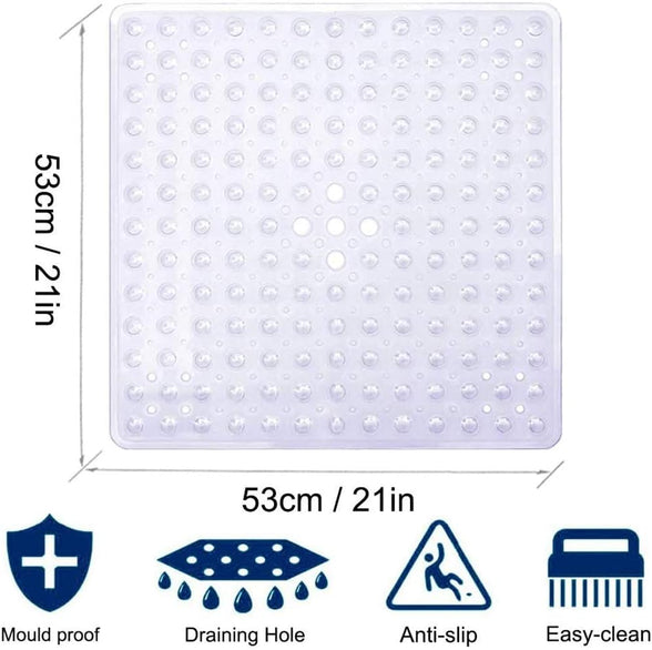 Farzeo Square Shower Mat Non Slip Anti Mould Machine Washable Bathtub Mat with Suction Cup Safety Bath Mat, Antibacterial Rubber Kids Shower Mat with Drain Holes, 53 × 53cm, Transparent White