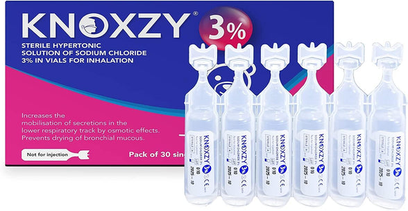 KNOXZY Hypertonic Saline Inhalation Solution 3%. Inhalation Solution for Adults & Children. Box Contains 30 Single dose vials of 4ml.