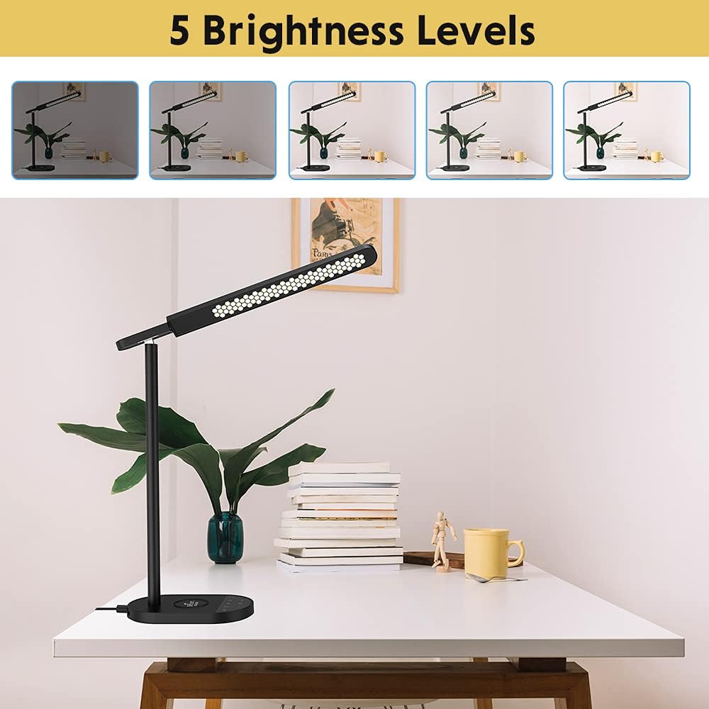 LED Desk Lamp With Wireless Charger, Eye-Caring Table Lamps, USB Charging Port, Dimmable Office Lamp, 5 lighting Modes, Touch Control For Reading Studying (Black)