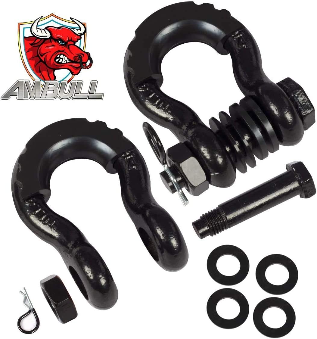 AMBULL Shackles 3/4 Inch D Ring Shackle (2 Pack) 41,850lb Break Strength with 7/8 Inch Pin, Isolator and Washer Kits for Use with Tow Strap, Winch, Off-Road Jeep Truck Vehicle Recovery (Black)