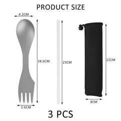 1 Pure Titanium Three-in-one Tableware, 1 Drawstring Bag and 1 Straw, Titanium Alloy Portable Spoon, Household Tableware, Outdoor Travel Tableware