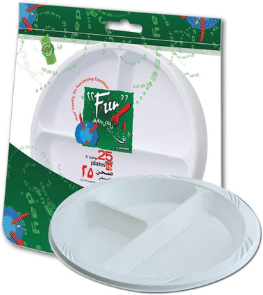 Fun Everyday Disposable Plastic Plate Set With 3 Compartment, Large,26 Cm, Pack Of 25