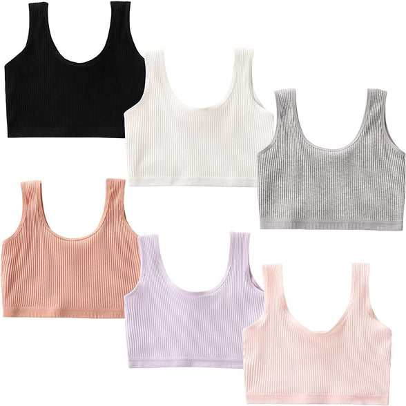 Training Bras for Girls, Seamless Bralette, Kids Underwear, Elastic Sports Striped Vest, Developing Children's Bra Breathable Cotton Cropped Double-Deck Bra for Students Suitable Weight 25-35kg 6PCS Size (Small)