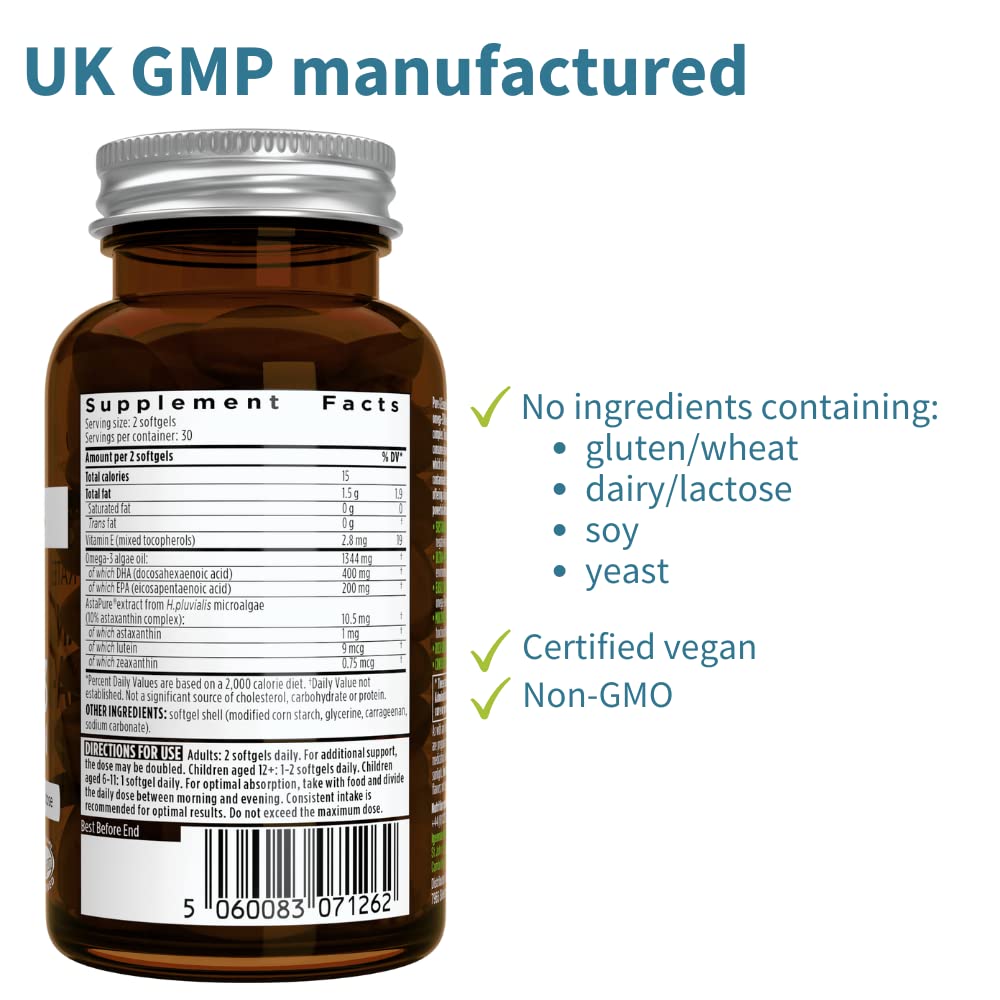 Pure & Essential Vegan Omega 3 & Astaxanthin, High Concentration EPA DHA Algae Oil, Sustainable & Pure, 600mg DHA & EPA for Heart, Brain & Eye Health, 60 Small Softgels