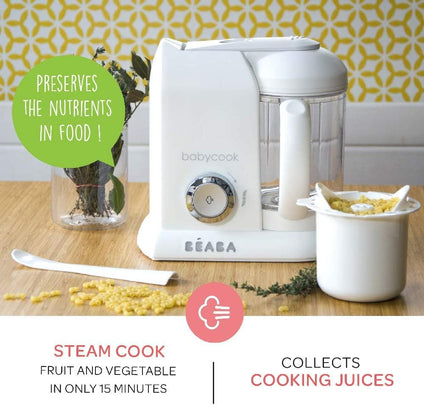 BEABA - Babycook Solo - Baby Food Maker - 4 in 1 : Baby Food Processor, Blender and Cooker - Soft Steamer Cooking - Quick - Food diversification for your Baby - White/Silver