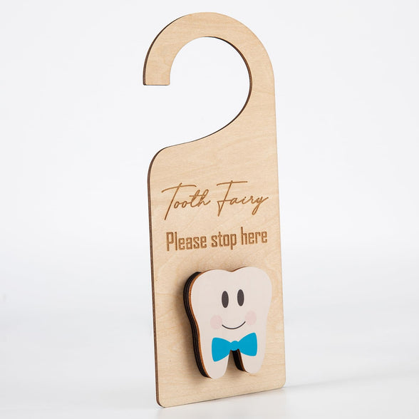 Xunboo Wooden Tooth Fairy Door Hanger with Cute Money Holder Gift for Lost Teeth Kids Tooth Fairy Pick up Box for Boys and Girls (Blue)