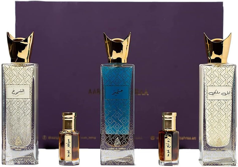 Abak Al Sahra Mumayaz Arabic Collection of Non- Alcoholic Perfumes and Tola Gift Set of 5 - Leil Malaki, Mutamayez, Al Shoumoukh, Silver Oud Tola and Rawae' Al Oud Tola - Men and Women