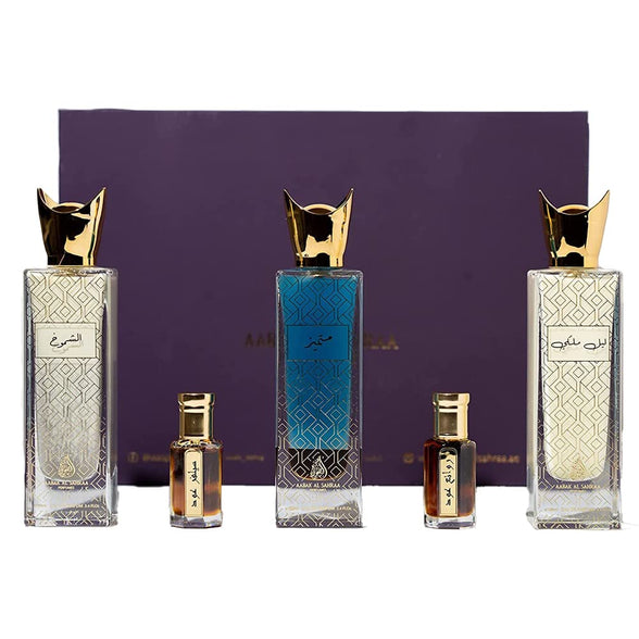 Abak Al Sahra Mumayaz Arabic Collection of Non- Alcoholic Perfumes and Tola Gift Set of 5 - Leil Malaki, Mutamayez, Al Shoumoukh, Silver Oud Tola and Rawae' Al Oud Tola - Men and Women