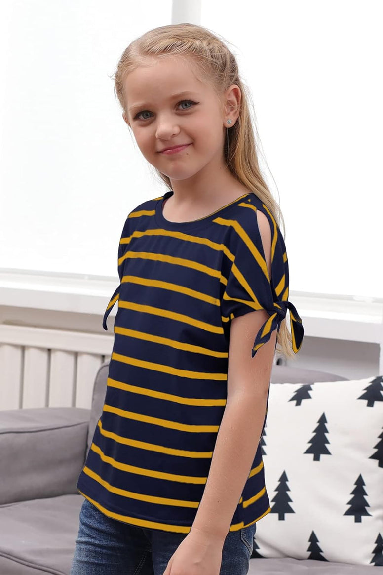 GORLYA Girl's Cut Slit Sleeve Tie knot Cuff Stripe Tunic T-shirt Casual Pullover Top for 4-14T Kids