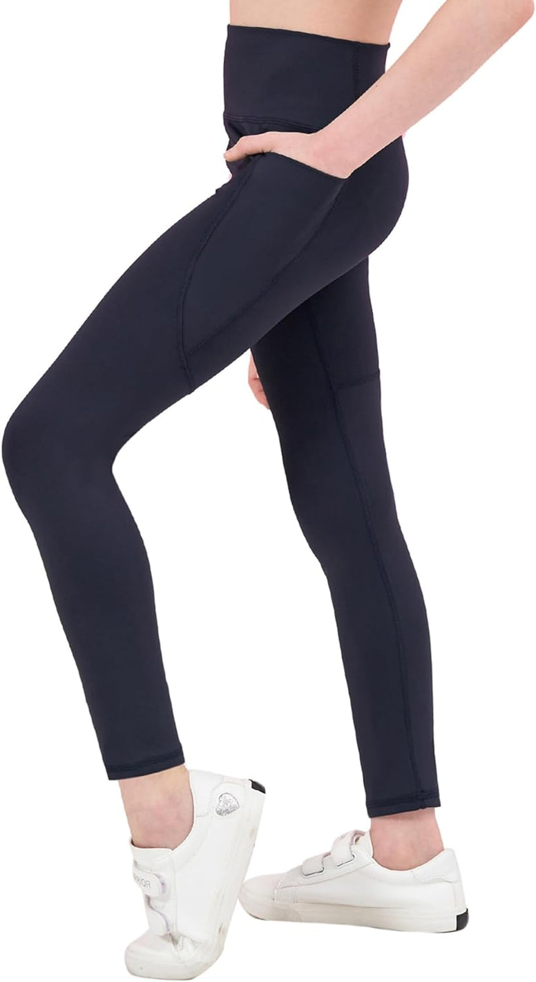 EXARUS Youth Girl's Athletic Leggings No Front Seam with Pockets Compression Pants Dance Running Active Yoga Tights