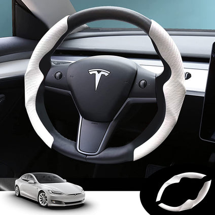 Moonmen Tesla Model Y Model 3 Carbon Fiber Steering Wheel Cover, Moonmen Car Non-Slip Steer Wheel Protector Cover Compatible with Tesla Model Y Model 3 2017-2023 (White)