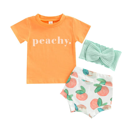 3Pcs Baby Girl Summer Clothes Set Letter Print Short Sleeve T Shirt Top Floral Shorts Headband Outfit(3-6 M)
