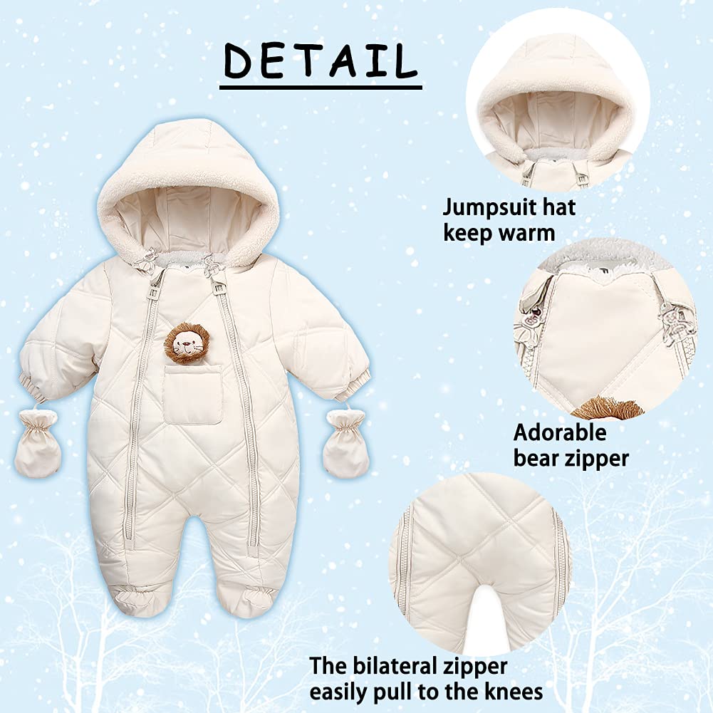 AIKSSOO Newborn Baby Winter Snowsuit Cartoon Bear Warmer Cotton Fleece Hooded Romper Jumpsuit Winter Coat for Baby Girls Boys (0-3 Months)