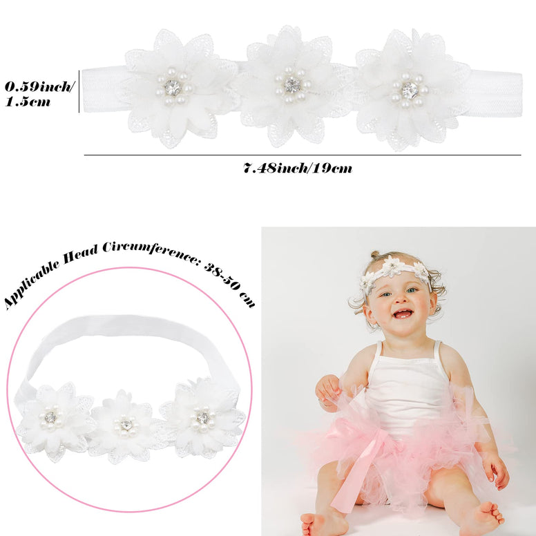 4 Pcs Baby Headbands, Baby Flower Headband, White Baby Girl Headbands, Lace Pearl Ribbon Toddler Headbands, Soft Flower Hair Accessories, Elastic Baby Bows, Headbands for Babies (White)