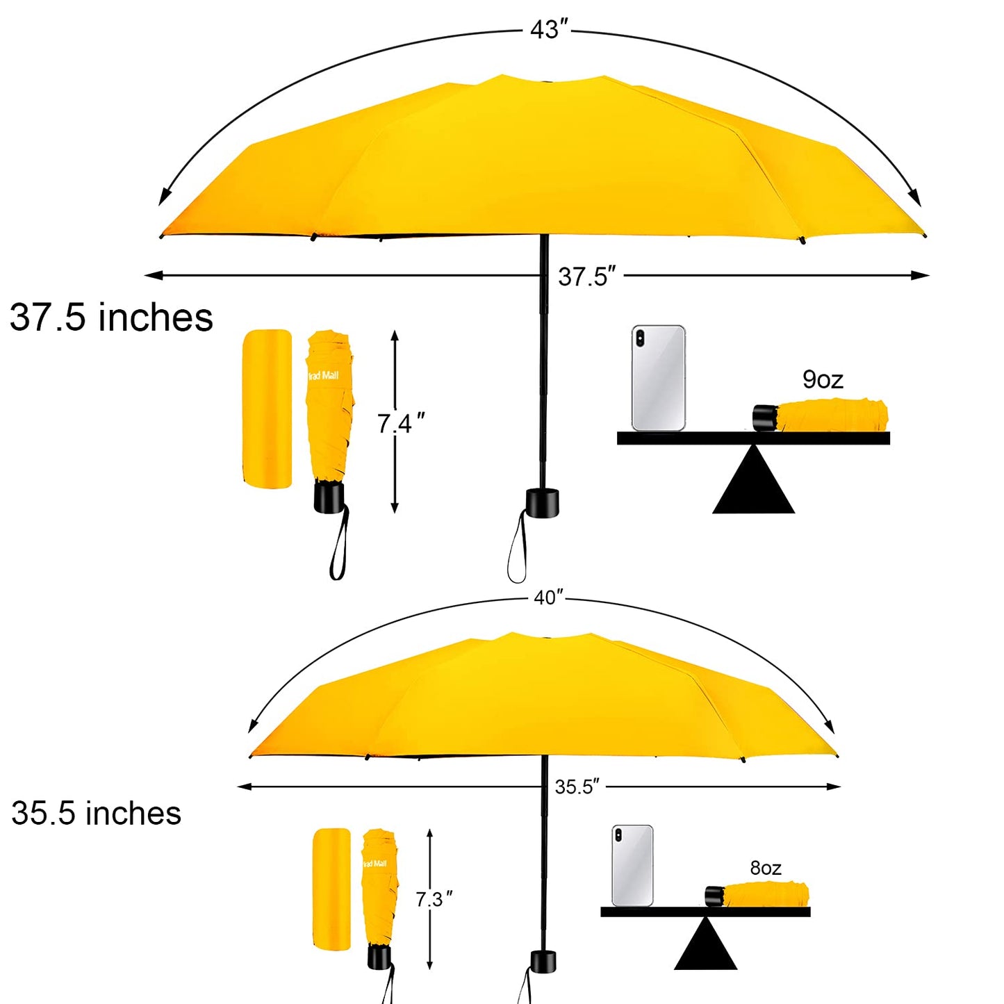 TradMall Mini Travel Umbrella, Portable Lightweight Compact Parasol with 95% UV Protection for Sun & Rain, Yellow