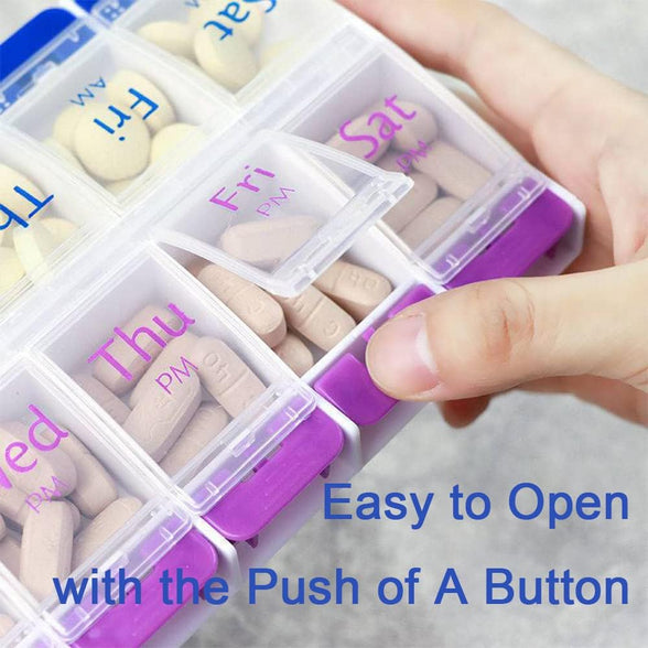 7 Day Pill Box Organiser with Opening Push Button, Pill Boxes 7 Day 2 Times a Day, Weekly Tablet Organiser Boxes 7 Day AM and PM, Medication Organizer Case for Vitamins (Blue-Purple)