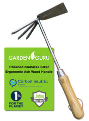 Garden Guru Hand Cultivator Tiller Tool - Stainless Steel for Ultimate Strength - Rust Resistant - Ergonomic FSC Wood Handle - Great for Gardening Cultivating Loosening Weeding