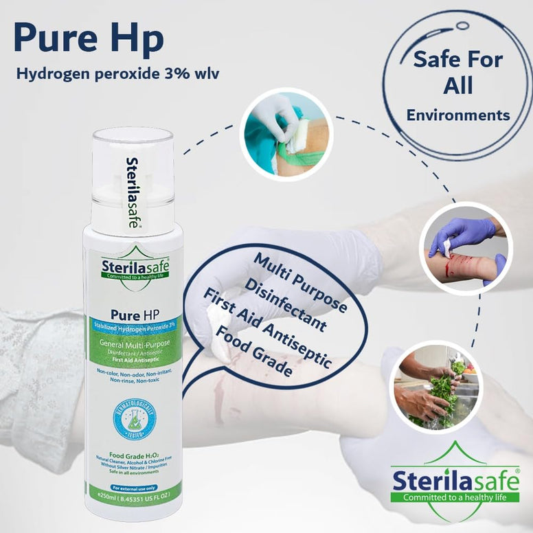 Sterilasafe Pure HP Food Grade, Hydrogen Peroxide 3%, H2O2, Natural Cleaner, NO chemical, First Aid Antiseptic Spray (250 ML)