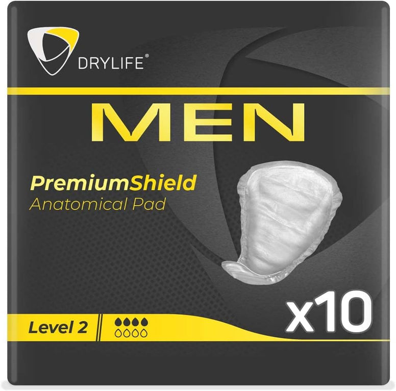 Drylife Men Level 2 Premium Shield Incontinence Pads for Bladder Weakness | Ultra Protection, Discreet Male Design & Active Odour Control for Men (1 Pack of 10)