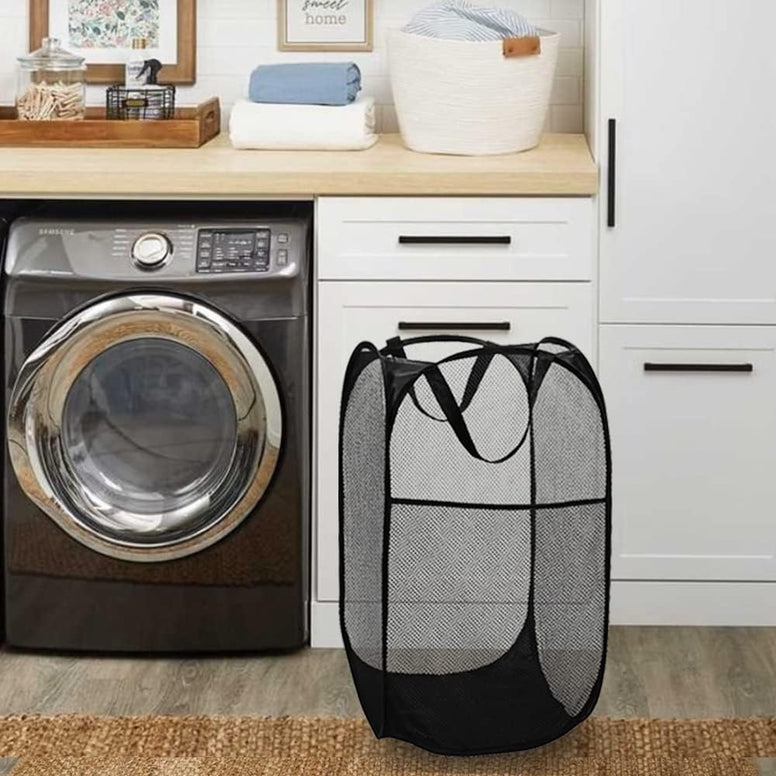 BATTOO Deluxe Strong Mesh Pop up Laundry Hamper Basket with Side Pocket Foldable Hamper for Laundry Room, Bathroom, Kids Room, College Dorm or Travel Navy + Black