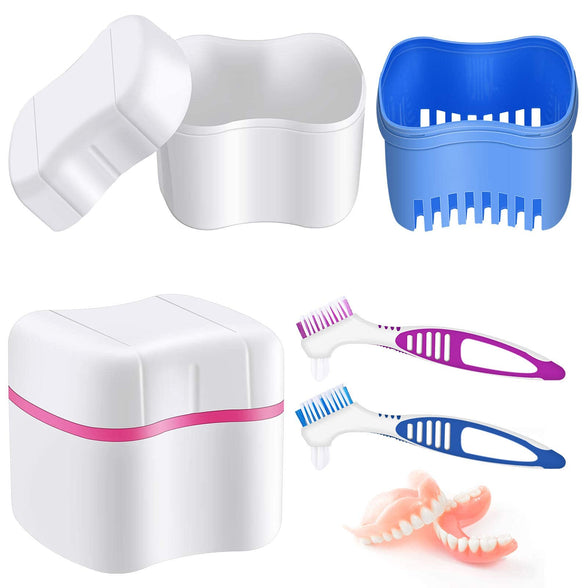 Denture Cleaner Box and Brush Set, 2 Pack Denture Bath Cases Denture Cups with 2 Pack Denture Cleaner Brushes with Denture Cleaner Brush Strainer Basket for Travel Cleaning