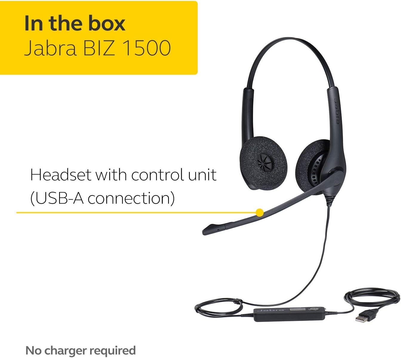 Jabra Biz 1500 USB-A On-Ear Stereo Headset - Corded Headphone with Noise-cancelling Microphone, Control Unit and Volume Spike Protection for Deskphones and Softphones, Wired