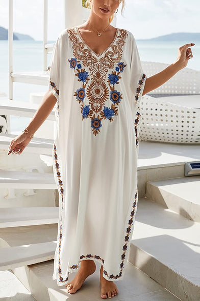 YouKD Embroidered Kaftan Dress Boho Beach Bikini Cover Up Robe Plus Size Loungewear for Women