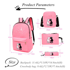 4Pcs Cute Cat Prints Canvas School Rucksack Backpack Set for Girls, Pink, Medium, Rucksack Backpacks