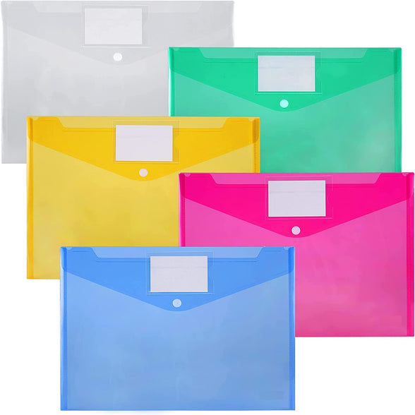 A4 Plastic Envelopes, 5pcs Plastic Pocket Folders Clear Document Folders Plastic File Folder with Label Pocket Snap Button Closure for School Home Office, 5 Colors