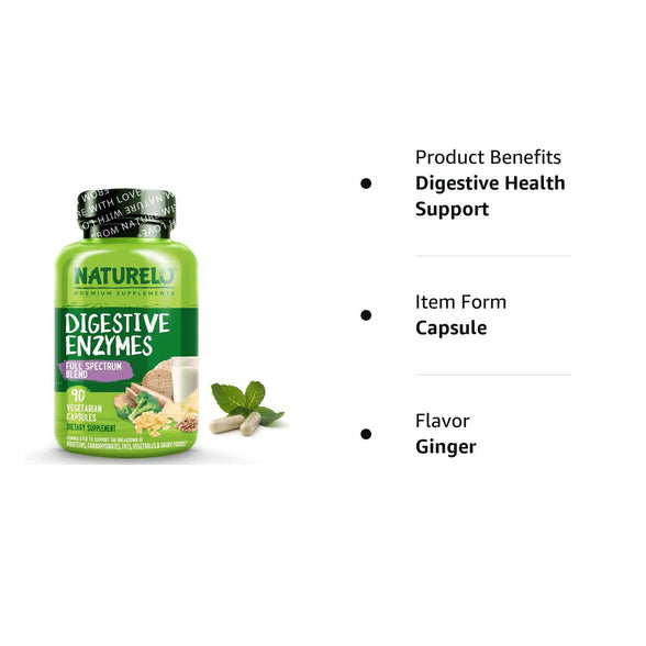 NATURELO Digestive Enzymes | Full Spectrum Support with a Broad Blend of 15 Enzymes Plus Ginger | Post-meal Bloating Relieft, Helps reduce Gas and Discomfort | 90 Vegan Capsules