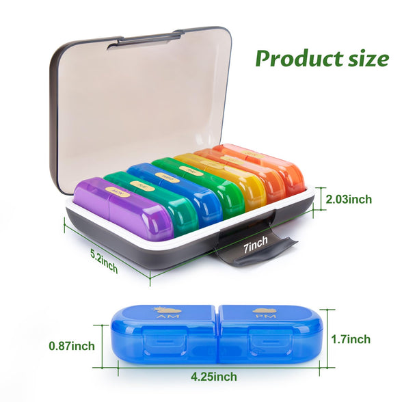 YUSHAN Travel Pill Organizer 2 Times a Day Weekly, Pill Box Contains 7 Cute Medicine Organizer, Premium Material & BPA-Free Pill Case to Storage Vitamins/Fish Oil/Supplements.