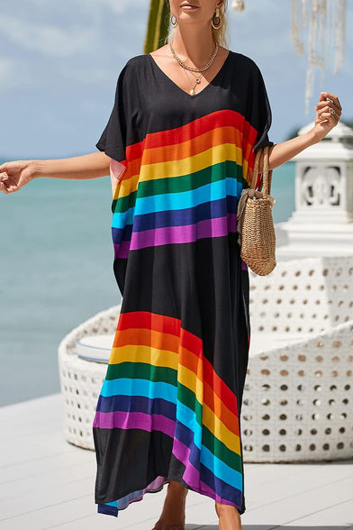 YouKD Maxi Dress V-Neck Kaftan Boho Robes Beach Cover-ups Dress Roomy Gowns for Women